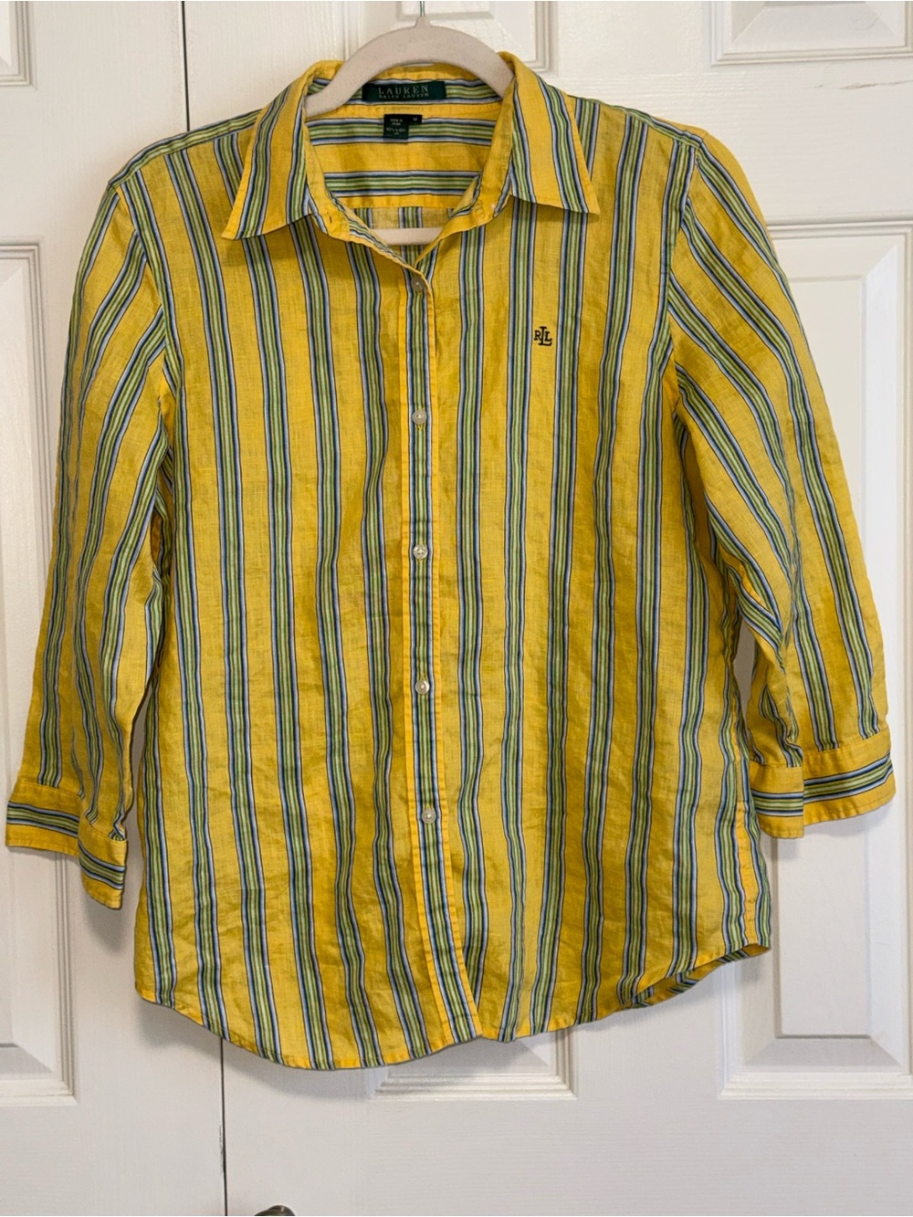 Lauren Ralph Lauren Yellow Multi-Stripe 100% Linen Button-Down Shirt. M